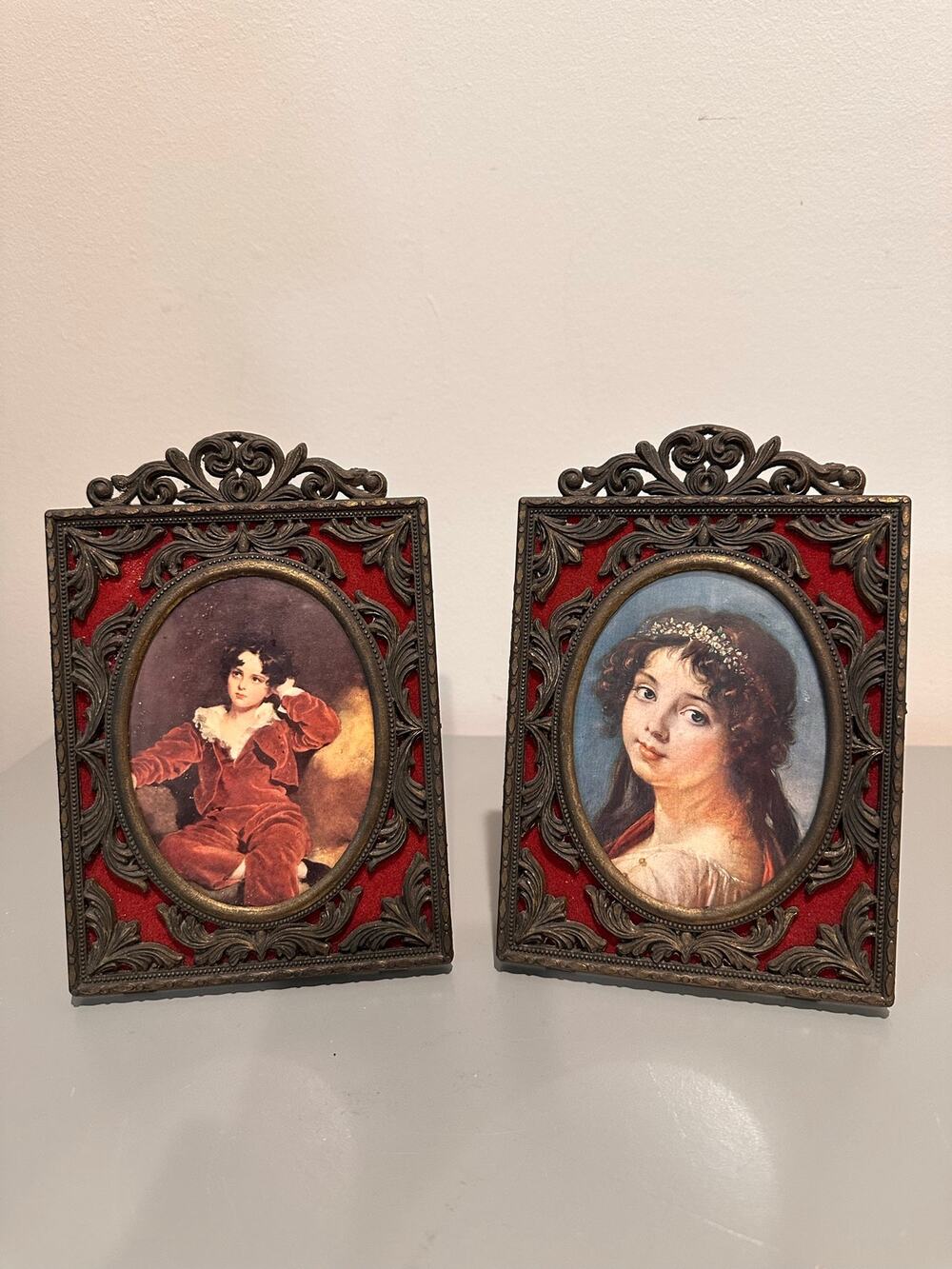 Pair of Vintage Italian Metal Frames with Oval Portraits. Red Velvet Mat. Italy.